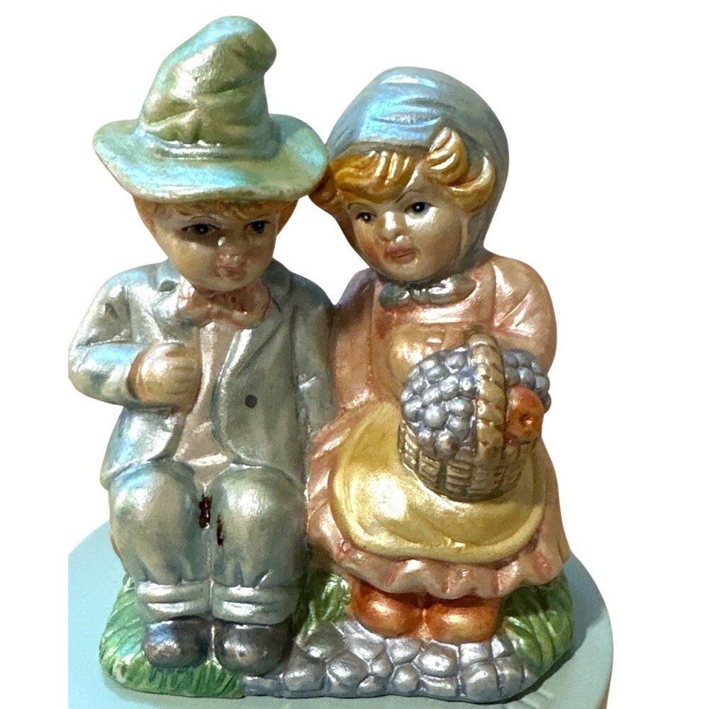 Vintage Kitsch Country Couple Figurine Boy Girl Log Whimsical Cottagecore Folksy